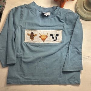 Blue Kids Long Sleeve Shirt with cow smocking